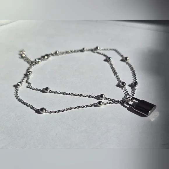 Double-Layer Silver Padlock Necklace - Picture 3 of 10